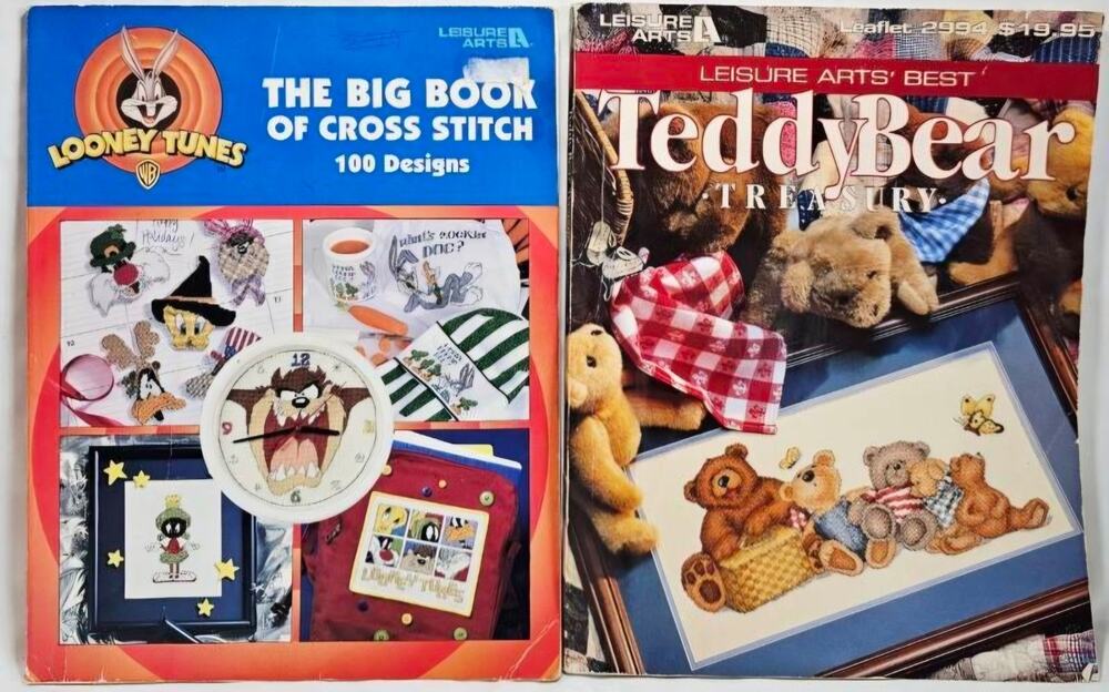 2 Vtg Leisure Arts Cross Stitch Pattern Books Looney Toons & Teddy Bear Treasury